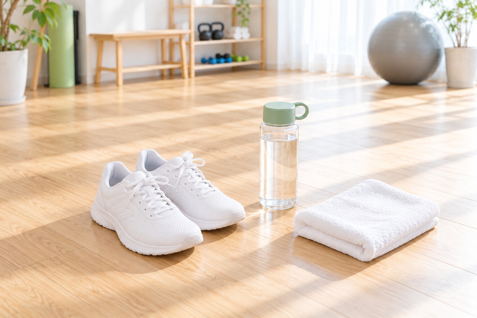 室内用の運動靴と飲み物、タオル