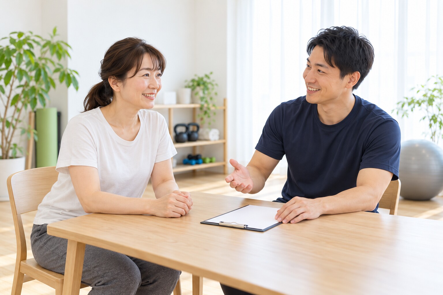 女性の運動経験やお悩みを聞くトレーナー