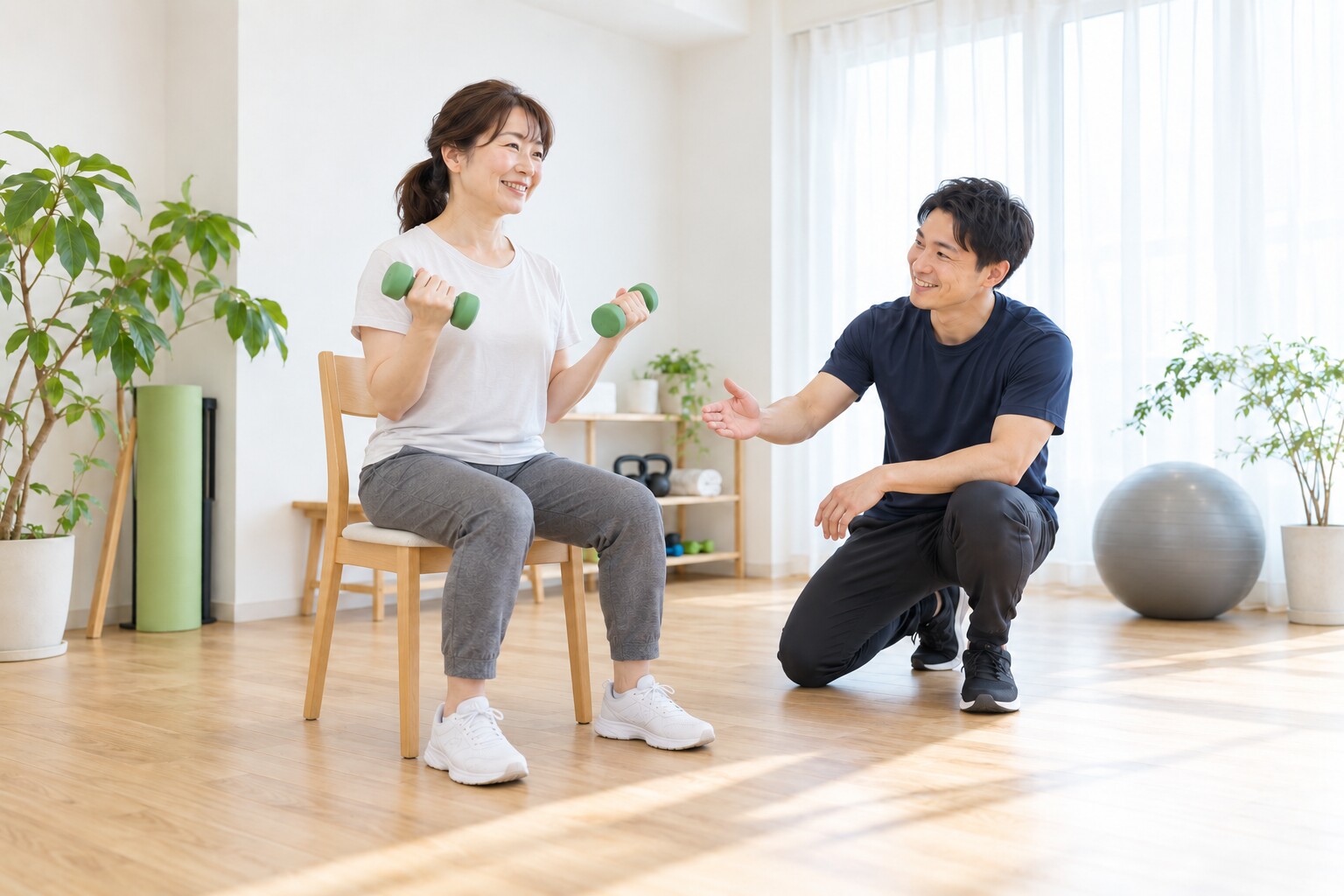トレーナーと一緒にダンベル運動を体験する女性