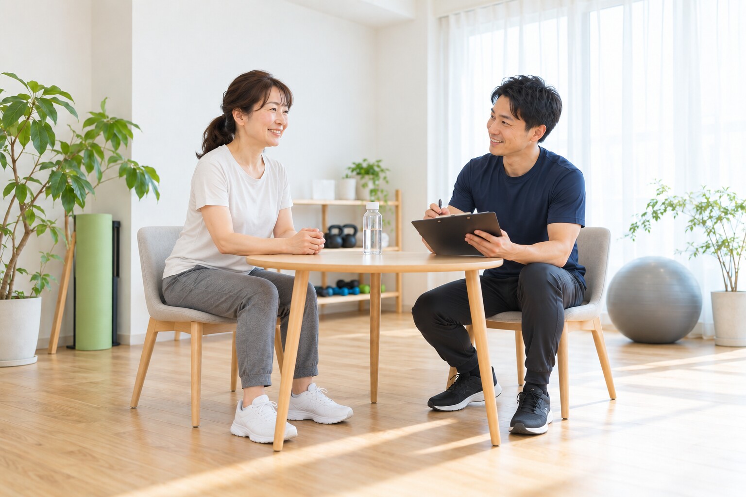 トレーナーと体験を振り返る女性